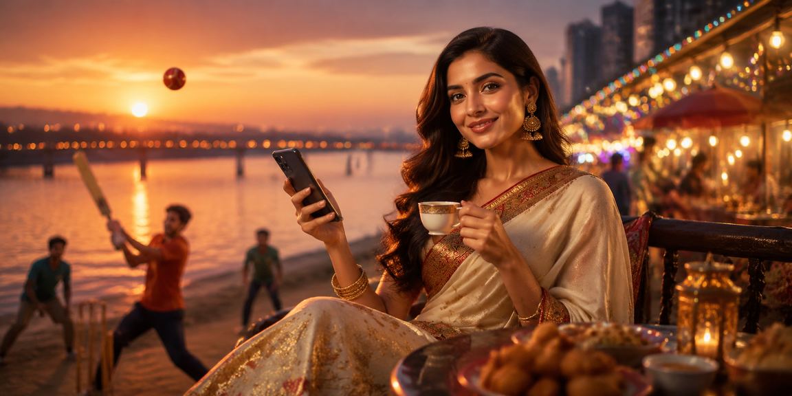 A woman in a saree in Bogura enjoying a cricket betting experience on her mobile